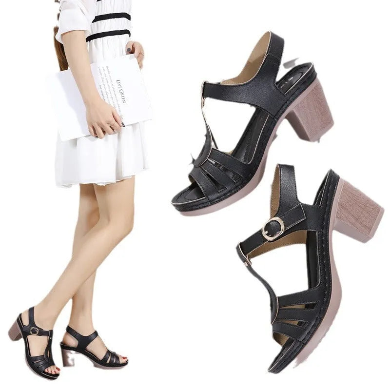 Women's patent leather thick high heel sandals with a round toe and metal buckle closure in apricot colour.