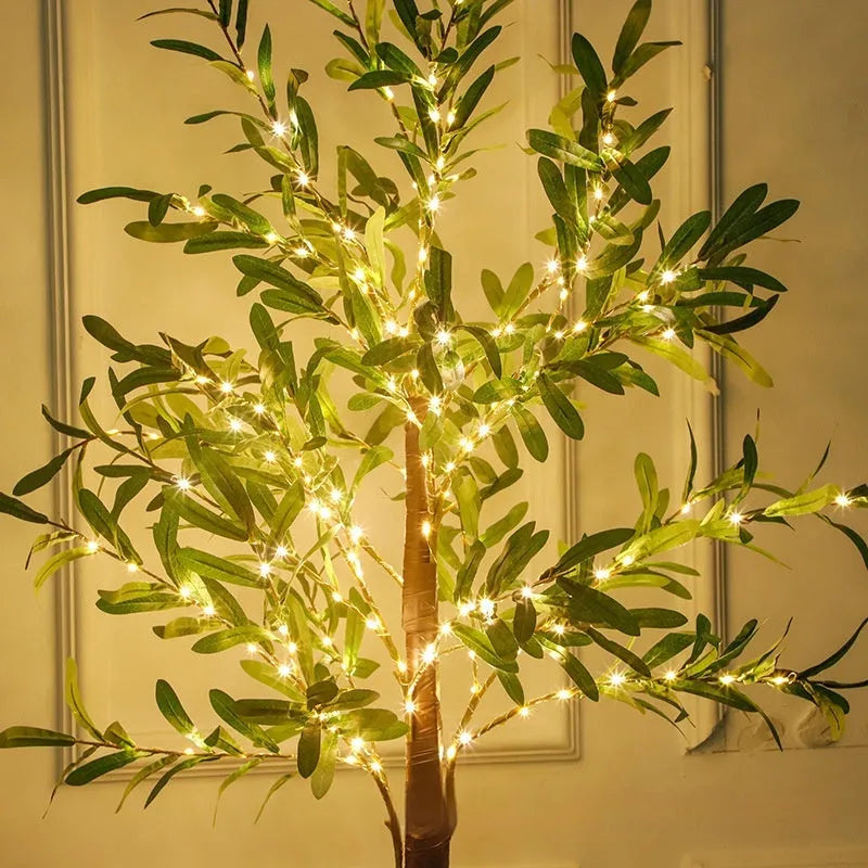 1.8 metre tall artificial olive tree lamp with warm LED lights throughout branches for courtyard decoration