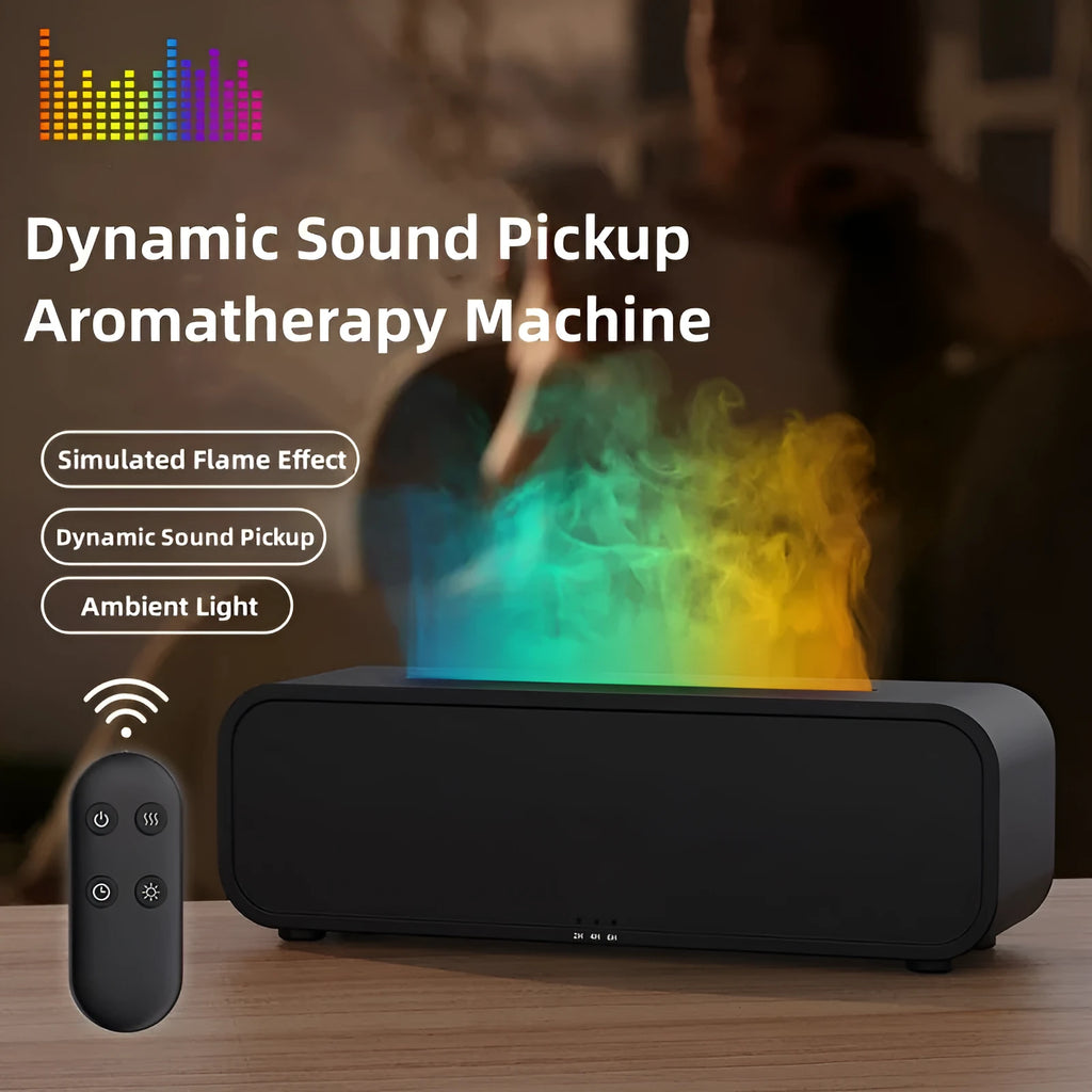 Flame dynamic aroma diffuser with remote control showing colour-changing LED lights