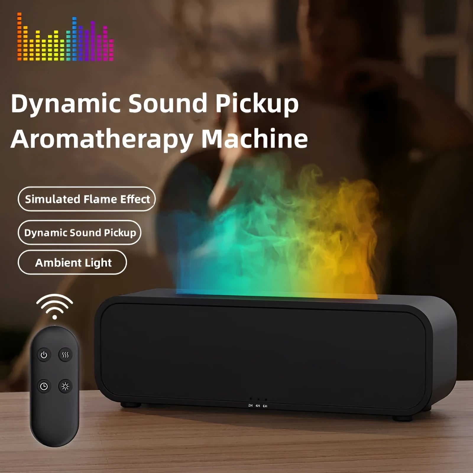 Flame dynamic aroma diffuser with remote control showing colour-changing LED lights