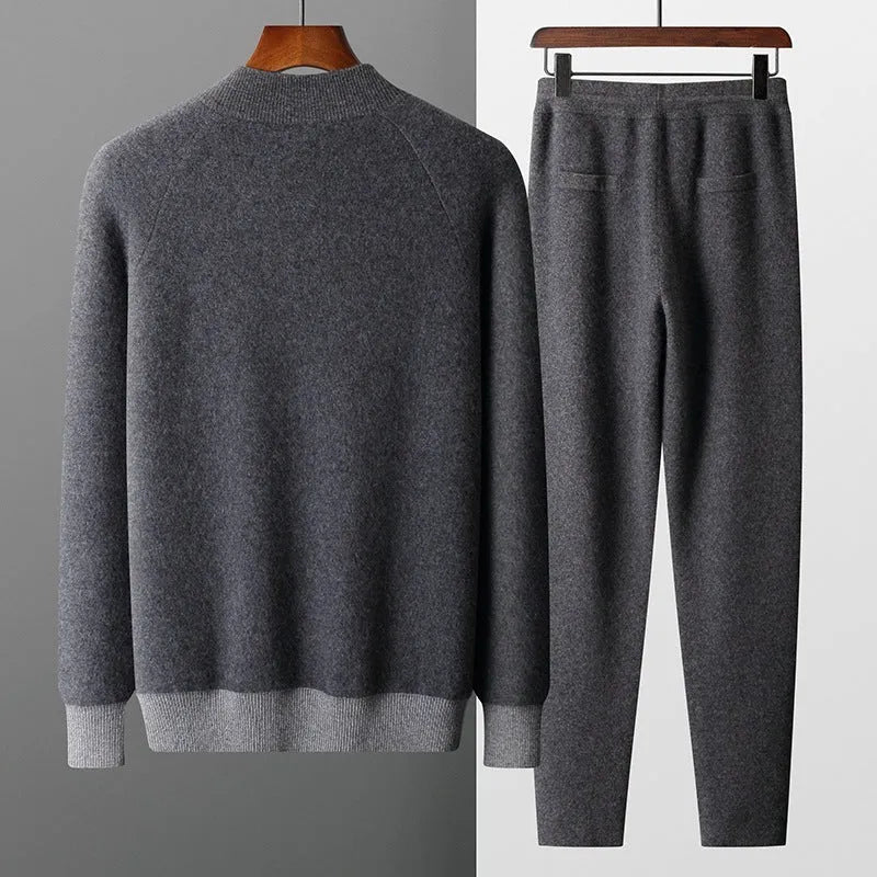 Men's navy blue cashmere wool blend sports cardigan suit with zip-up jacket and trousers for winter leisure wear