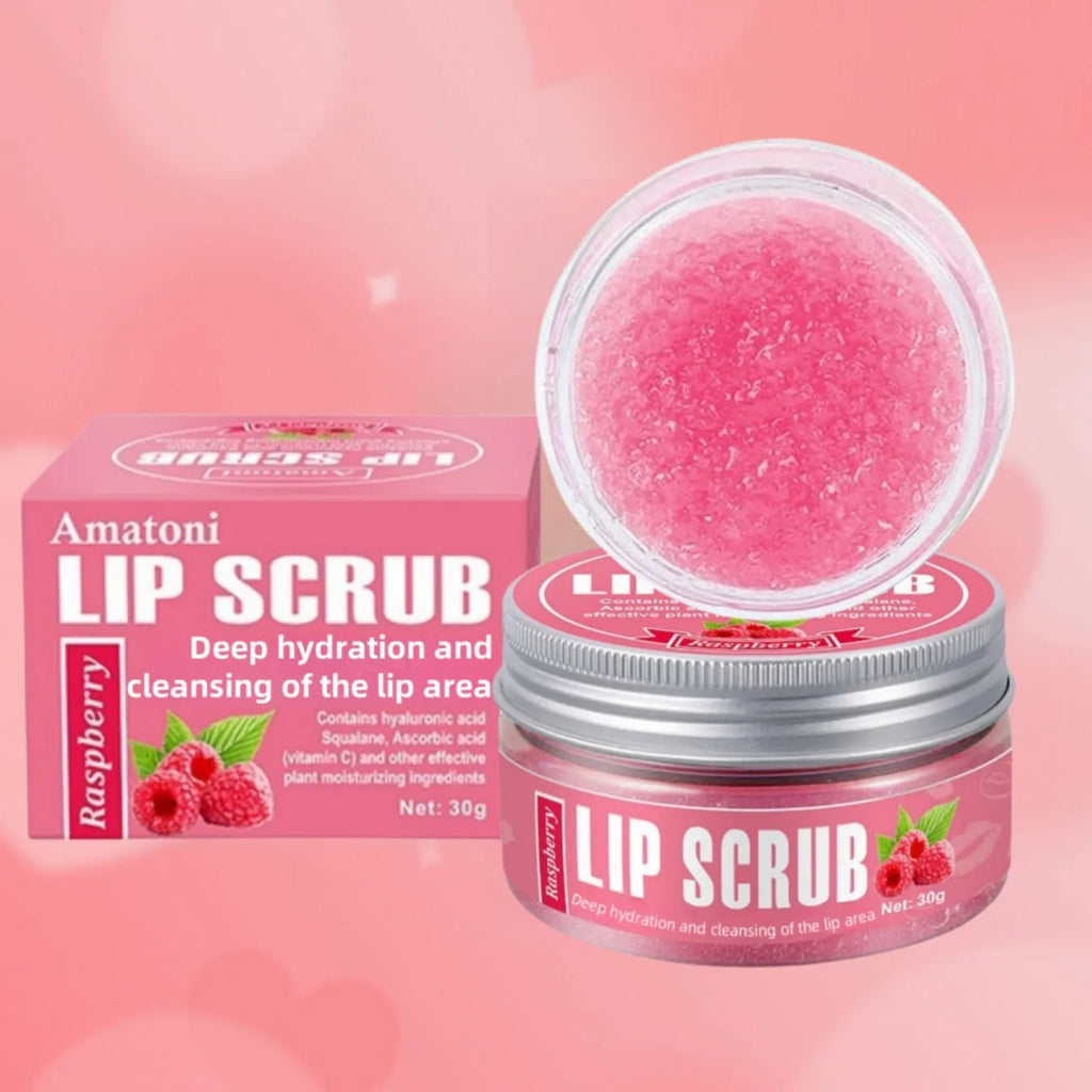 Amatoni lip scrub pot with fruit flavours including coconut, raspberry, vanilla, and watermelon
