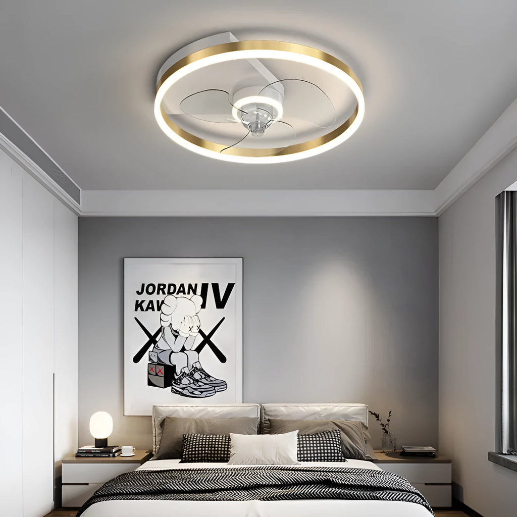 Modern Nordic style white ceiling light with integrated fan blades for a child's room.