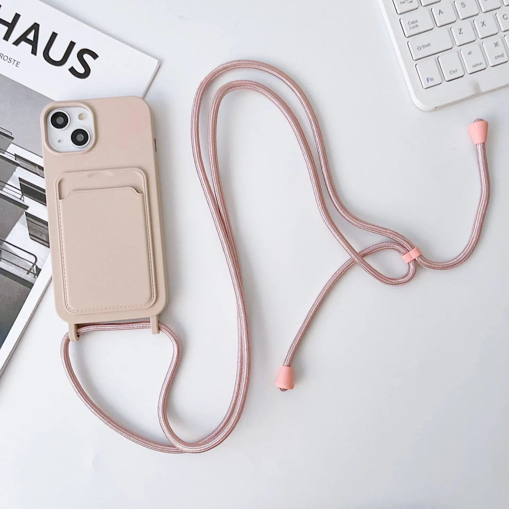 Cross body lanyard TPU phone case with card holder for Apple iPhone models, available in antique white, gray, and light pink