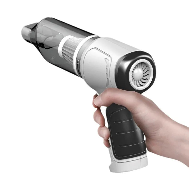 Handheld cordless vacuum cleaner in silver for car interiors and pet hair removal.