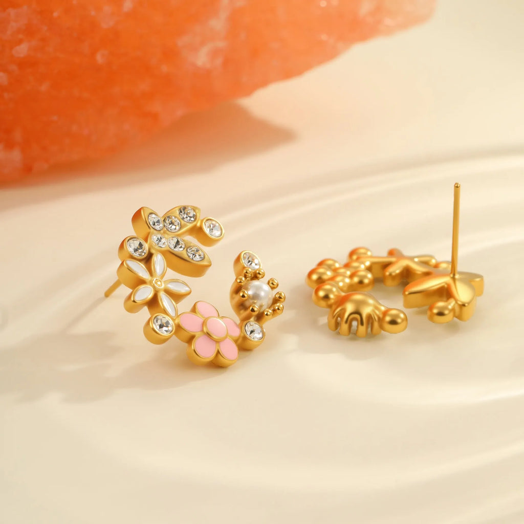 Stainless steel flower stud earrings with 18K gold electroplating and colourful oil diamond petal design