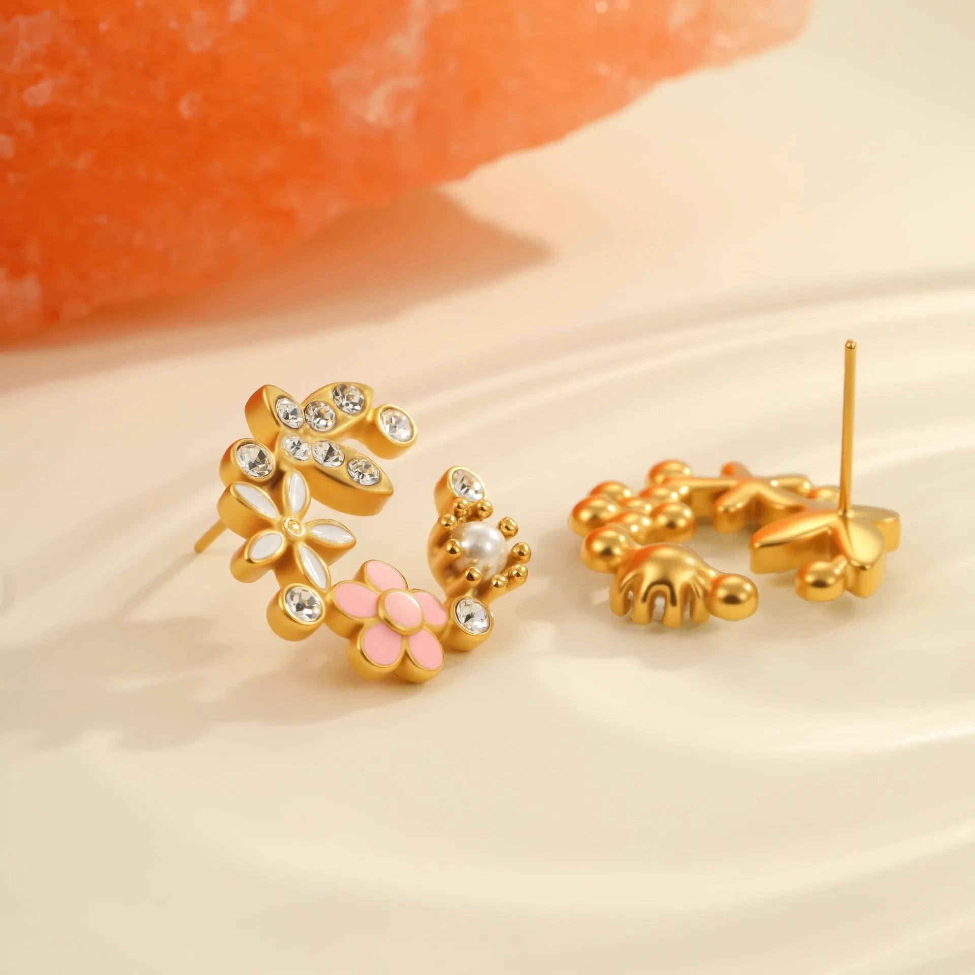 Stainless steel flower stud earrings with 18K gold electroplating and colourful oil diamond petal design