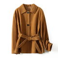 Women's retro style cashmere coat with Peter Pan collar and leather belt in caramel mocha colour