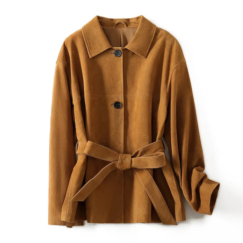 Women's retro style cashmere coat with Peter Pan collar and leather belt in caramel mocha colour