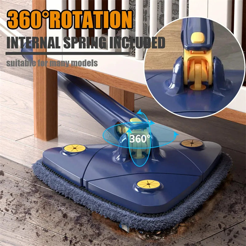 Blue extendable triangle mop with rotating head and adjustable stainless steel pole for corner cleaning