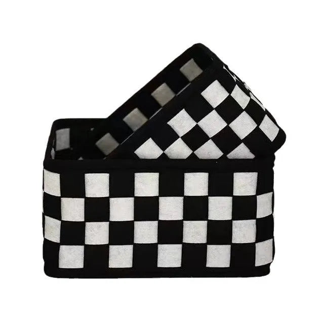 Checkerboard pattern folding felt storage basket measuring 37 by 29 by 19.5 centimetres
