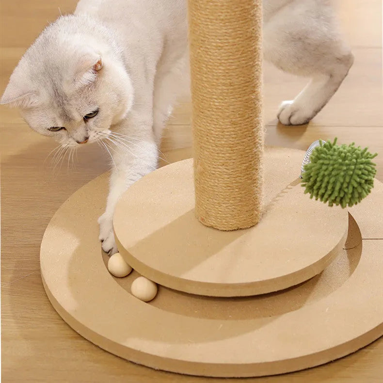 Vertical cat climbing frame with hemp rope scratching posts and a canna coloured column