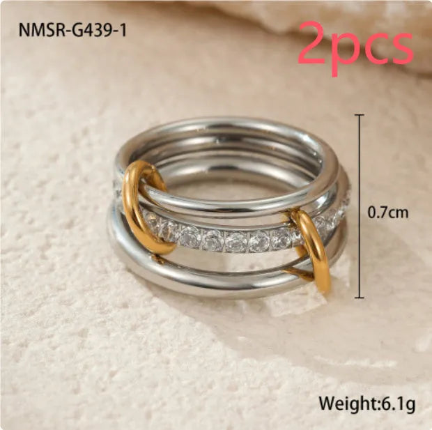 Stacked colour matching stainless steel ring with 18K gold plating and exaggerated design