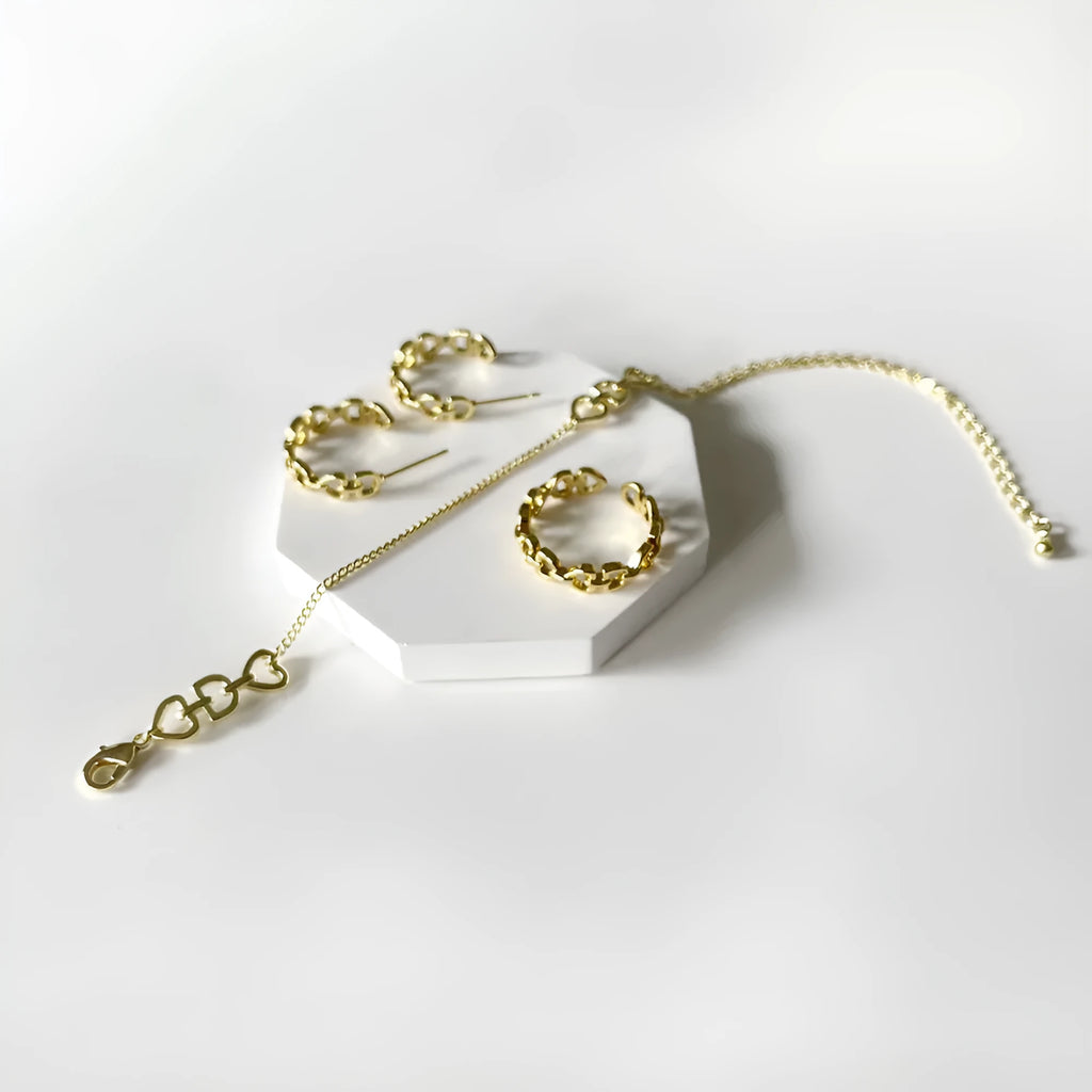 Gold-plated geometric copper Love Letter D earrings ring and bracelet set with inlaid artificial gems
