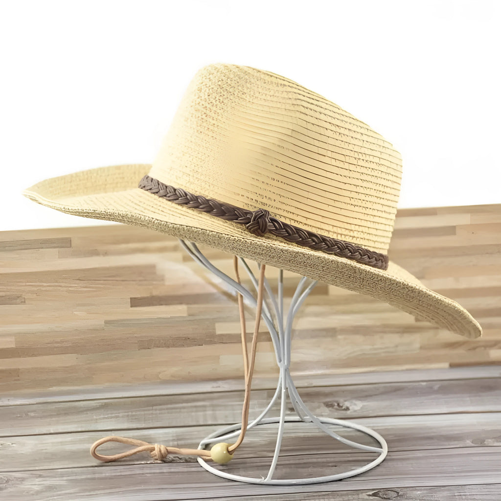 Men's foldable straw sun hat with wide brim in beige colour