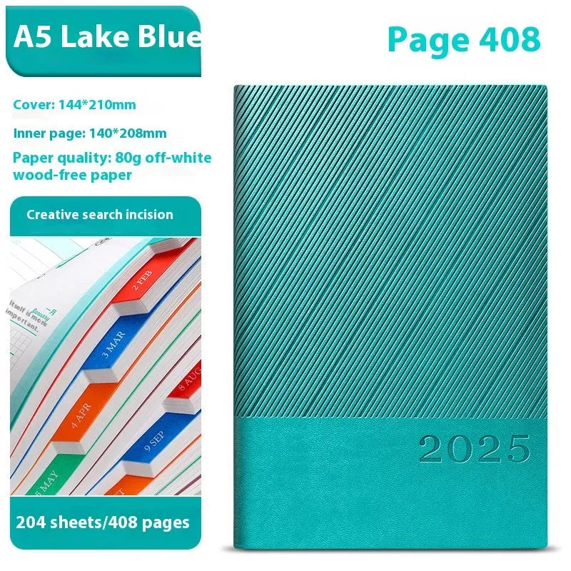 Striped PU leather notepad open showing 80g wood-free paper, available in eight colours