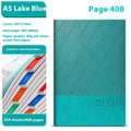 Striped PU leather notepad open showing 80g wood-free paper, available in eight colours