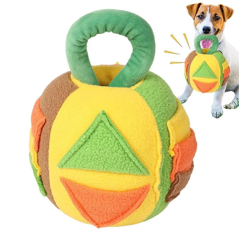 Green or pink polyester dog squeaky plush ball toy with treat pockets measuring 12x12x18cm