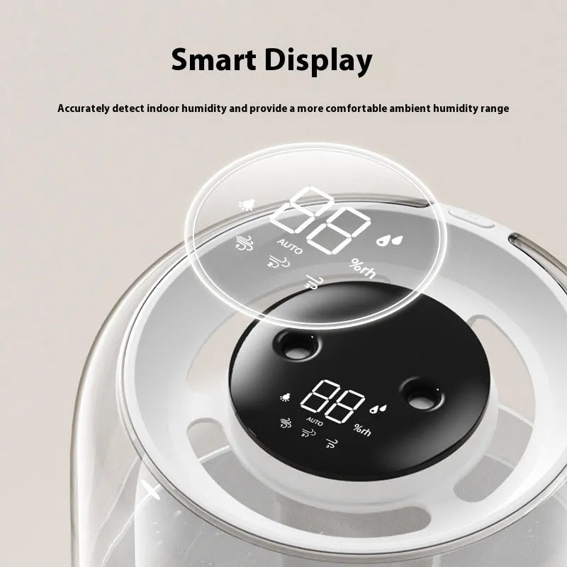 Beige circular USB humidifier with dual spray nozzles and digital display