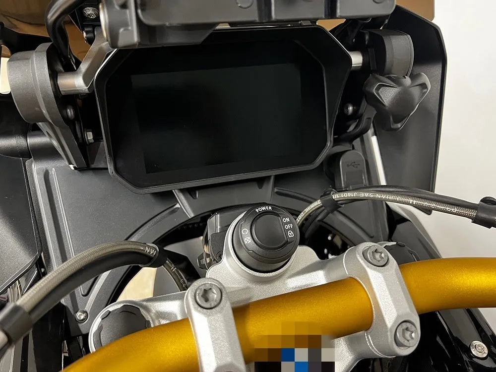 Black motorcycle cockpit fairing for BMW R1250GS and R1200GS LC adventure bikes
