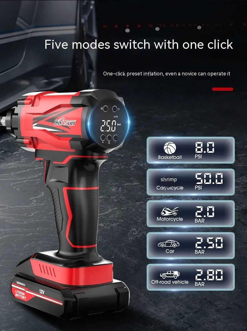 Red and black portable car air pump with cigarette lighter plug, multiple nozzles, and 3m power cable