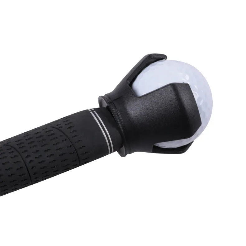 Black golf ball picker device with clip attachment for putters and golf bags