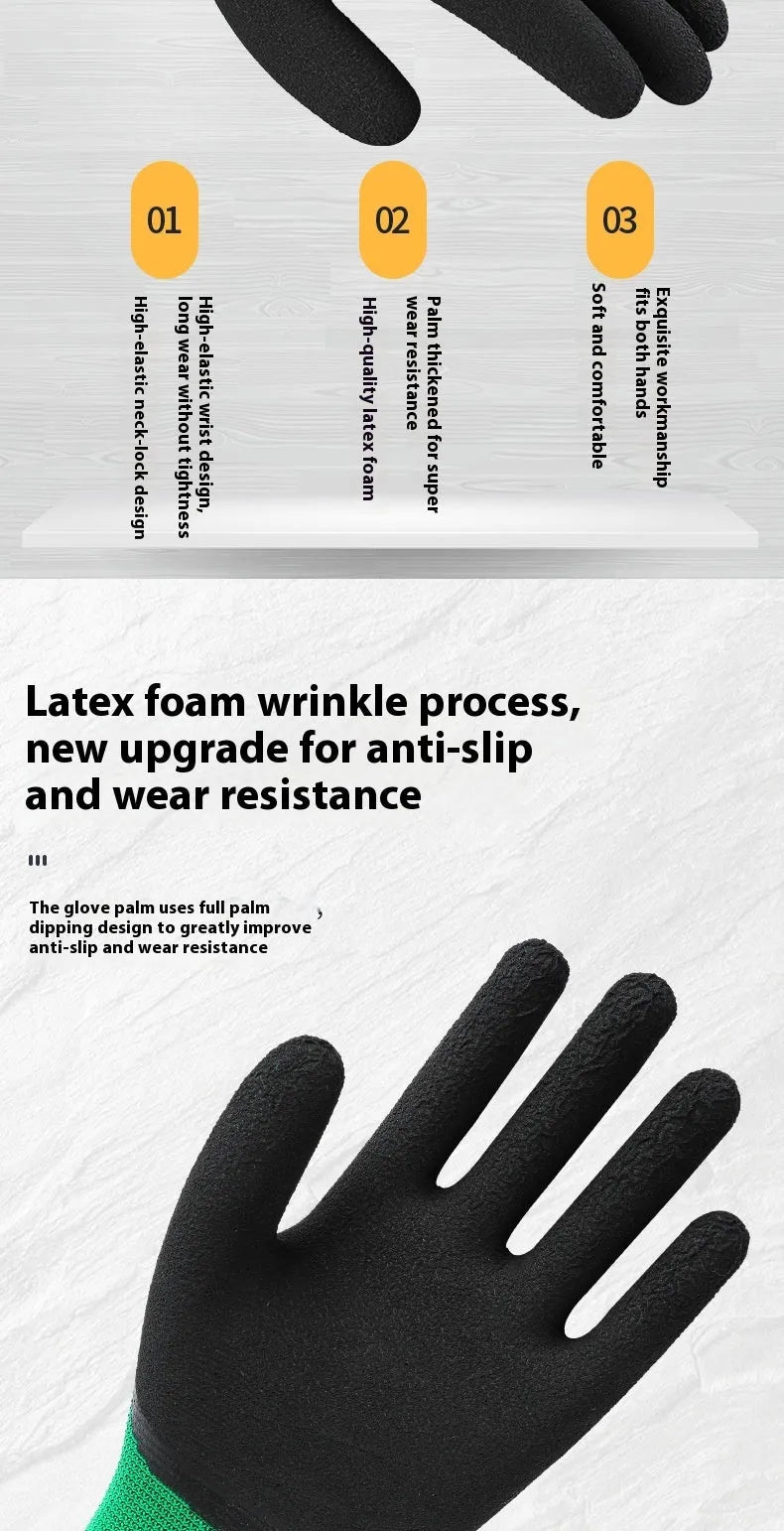 Black and green rubber work gloves with a textured, non-slip surface for labour protection.