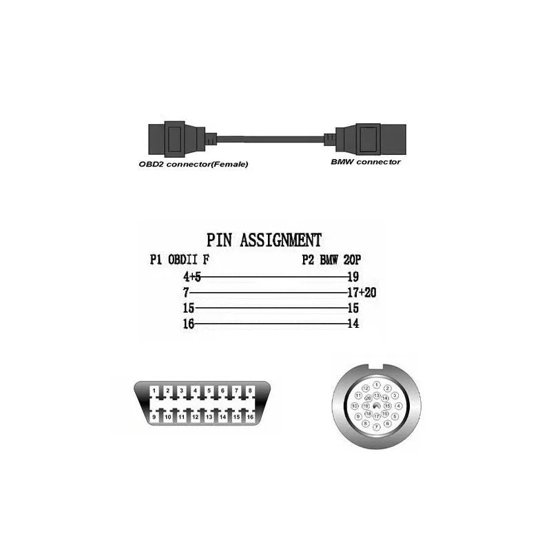 BMW OBD2 diagnostic adapter cable converting 20-pin to 16-pin connector for vehicle scan tools