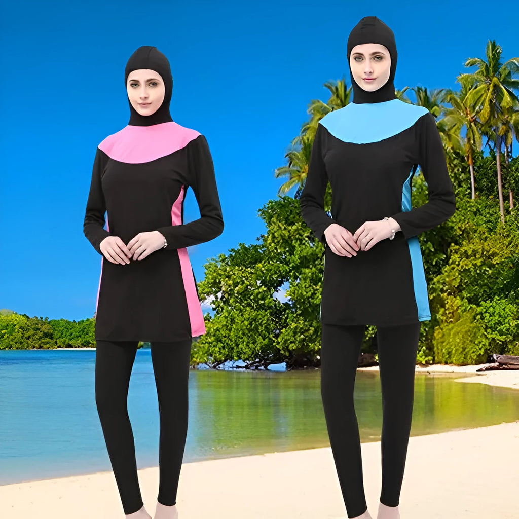 Women's long sleeve hooded swimsuit in black with colour accents for conservative swimming