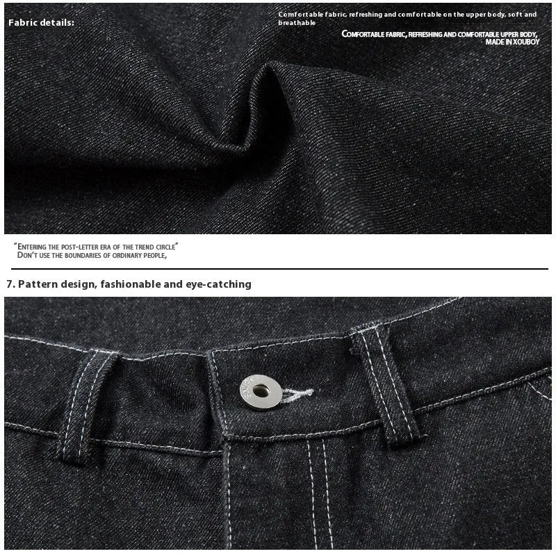 Black multi-pocket pleated workwear jeans made from cotton denim on a plain background.