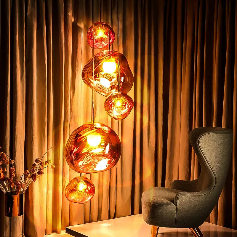 Nordic style lava lamp chandelier with glass body in gold, red copper, or silver metallic finish