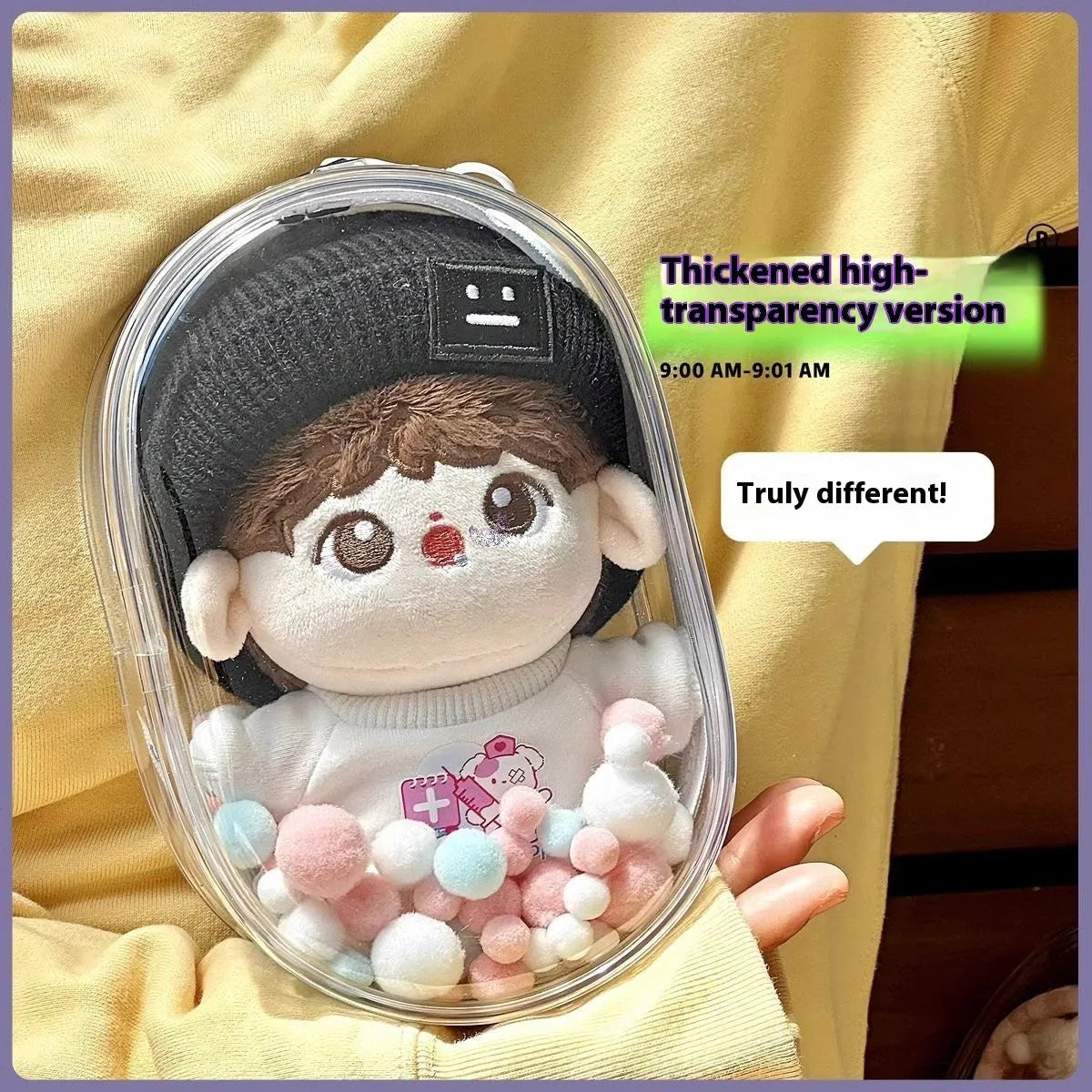 Transparent PVC cube storage bag for cotton dolls in 13cm, 17cm, or 23cm sizes with colour options