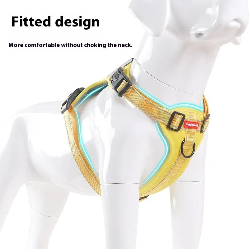 Adjustable polyester dog chest harness and matching lead shown in one of six available colours.