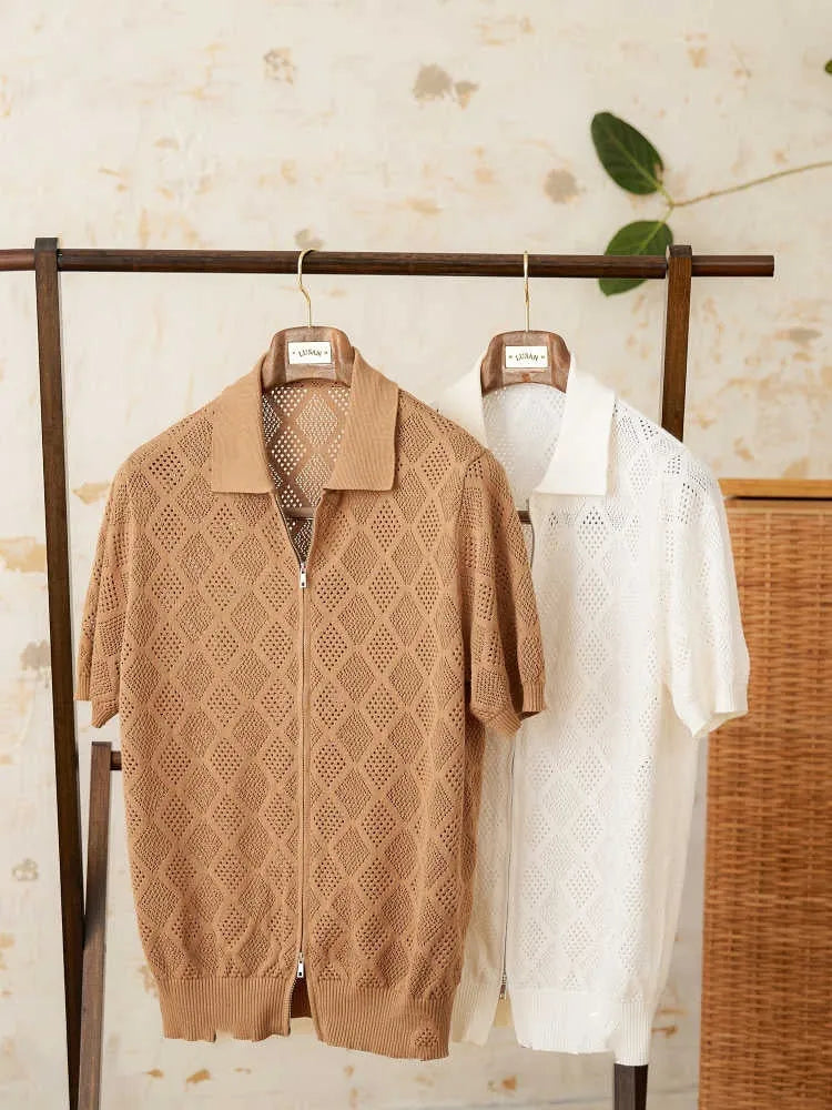 Light brown cotton cardigan with lapel collar, short sleeves, and a front zipper