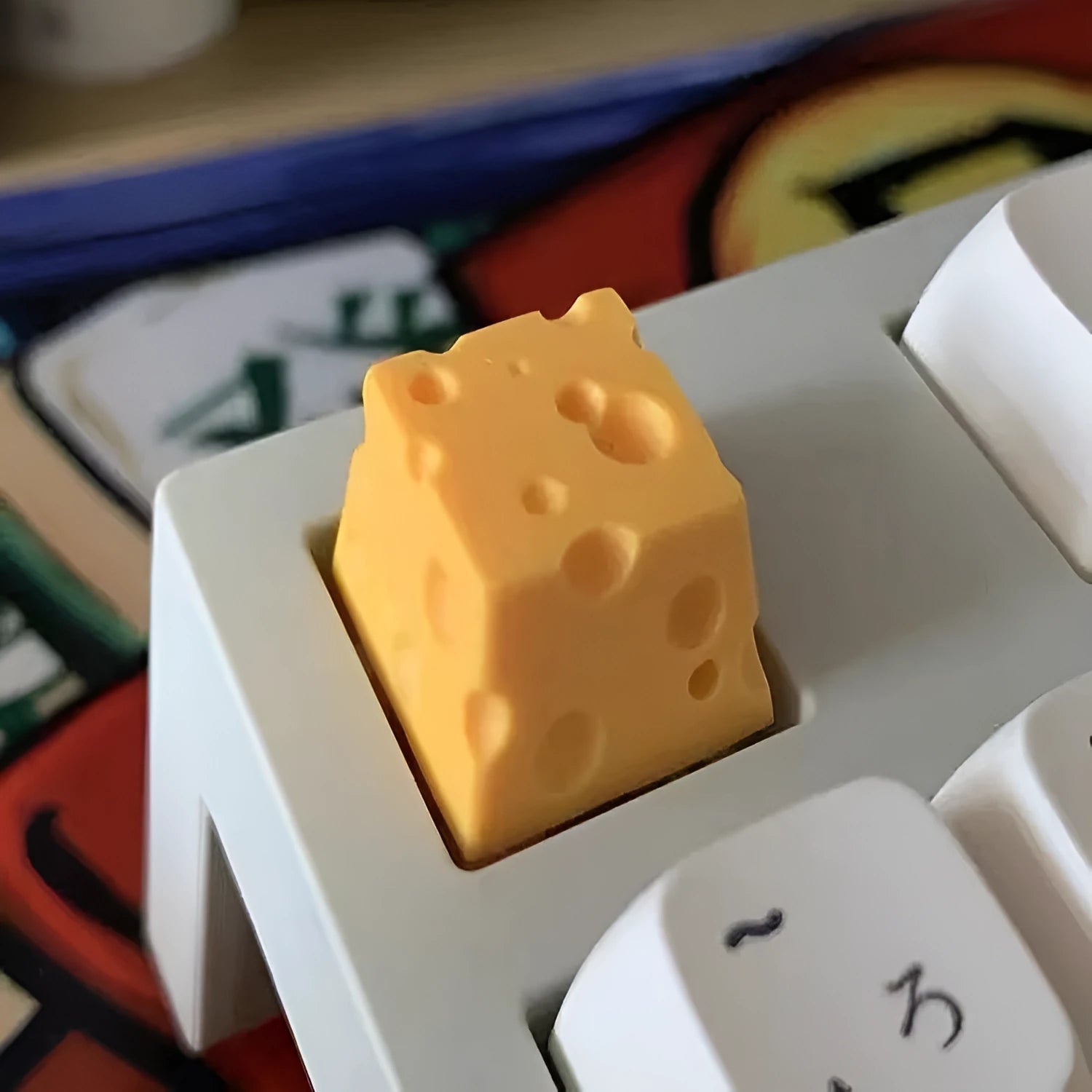 Yellow resin cheese artisan keycap for mechanical keyboards with 3D sculpted design