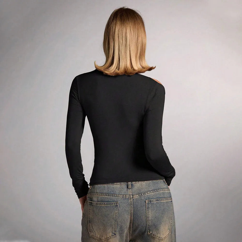 Black women's polyester halter top with slim fit, long sleeves, and shoulder-baring design