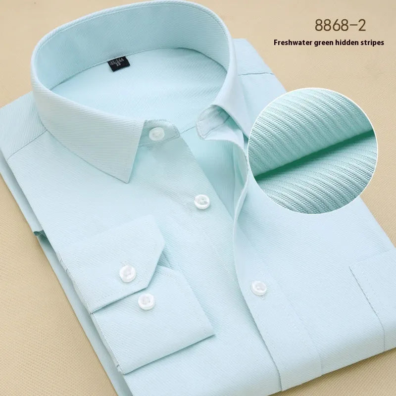 Men's black long sleeve business slim fit shirt on a hanger