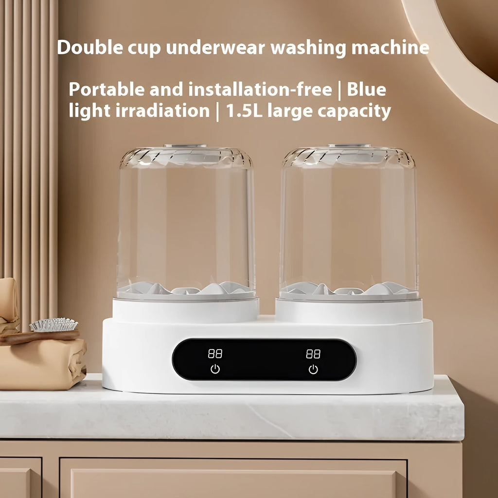 White double bucket mini washing machine with USB cable connection for portable laundry