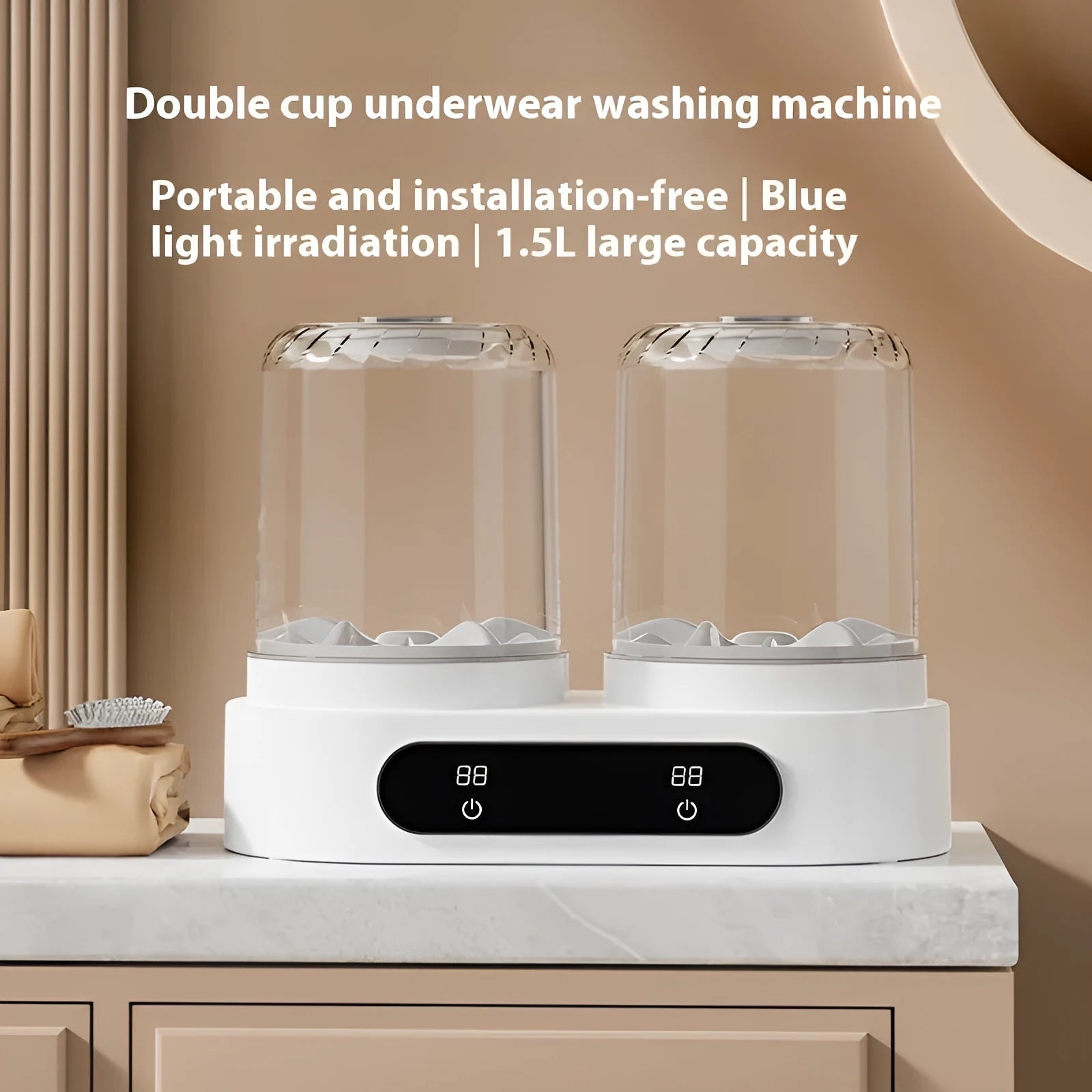White double bucket mini washing machine with USB cable connection for portable laundry