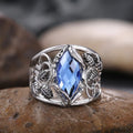 Blue crystal horse eye geometric ring on alloy band showing side profile