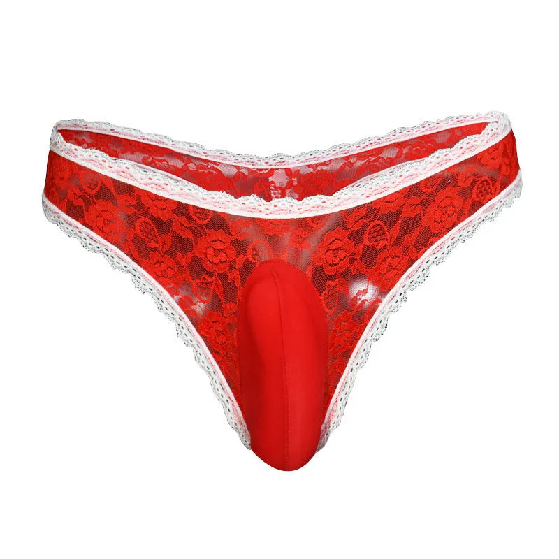 Men's low-waist lace triangle underwear with vertical bag egg design in black colour.