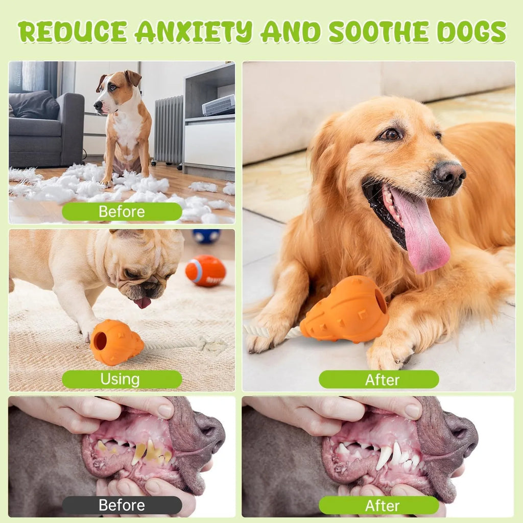 30cm long natural rubber dog toy with hollow treat-dispensing interior and longer tugging strap