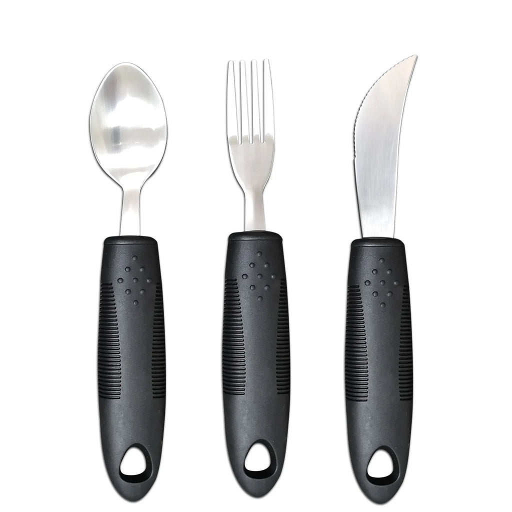 Stainless steel adaptive tableware with rubber handle grips for elderly eating assistance