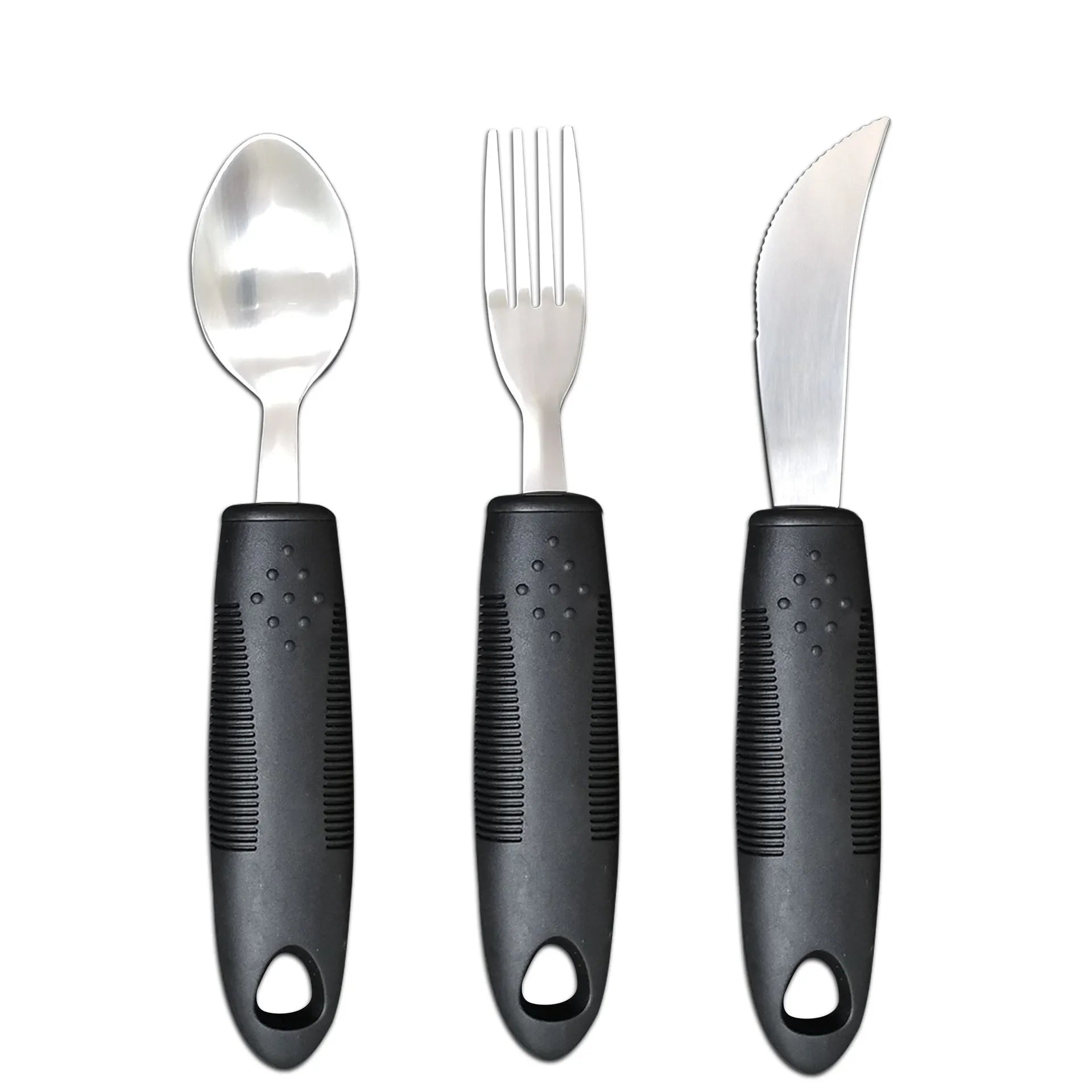 Stainless steel adaptive tableware with rubber handle grips for elderly eating assistance