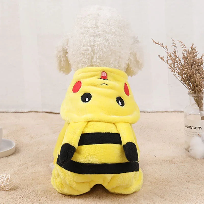 Cute cartoon-style fleece hoodie coat on a small cat or dog for autumn and winter.