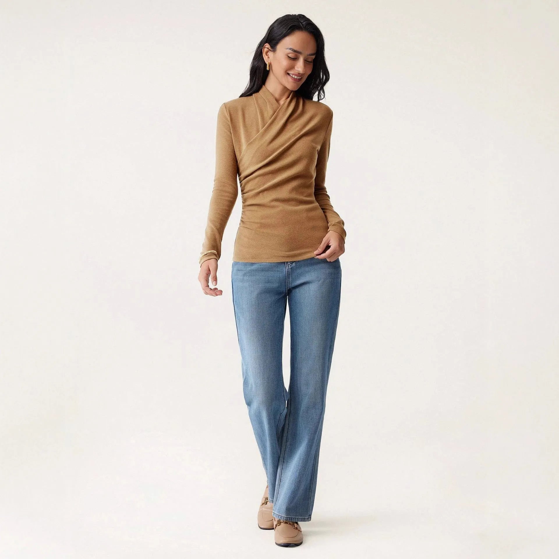 Women's camel colour slim fit pullover sweater with long sleeves on hanger
