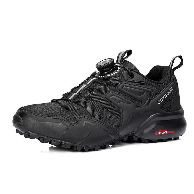 Men's beige off-road hiking shoe with an elastic band closure and natural rubber sole.
