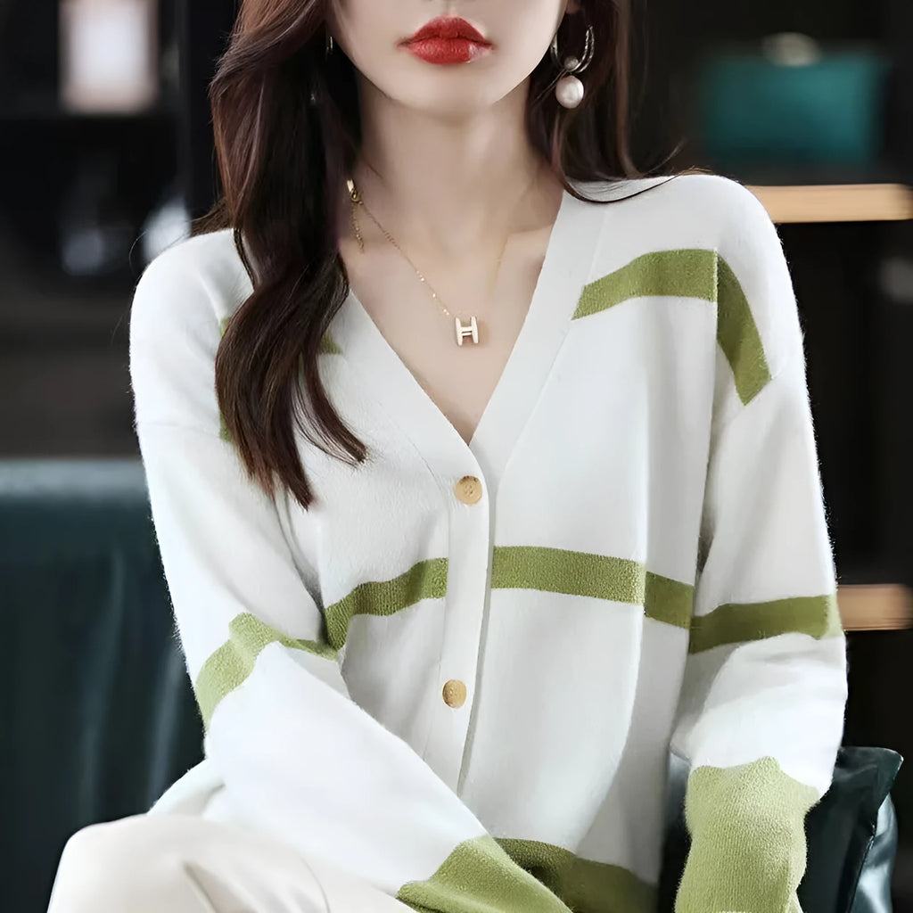 Women's striped V-neck knitted cardigan with 3D effect pattern in slim fit styling
