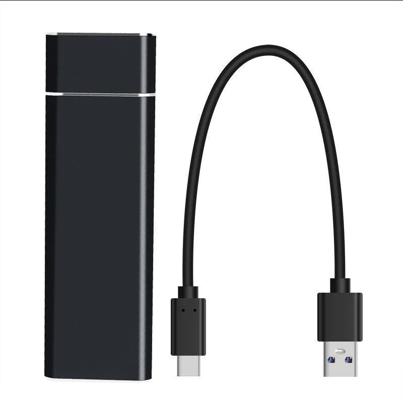 Sapphire blue portable external SSD drive with metal housing next to USB cable