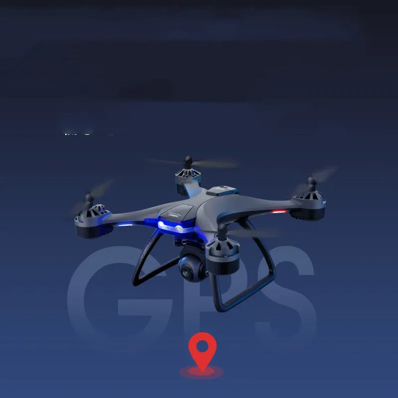 GPS quadrocopter drone with anti-fall features and dual cameras on remote controller